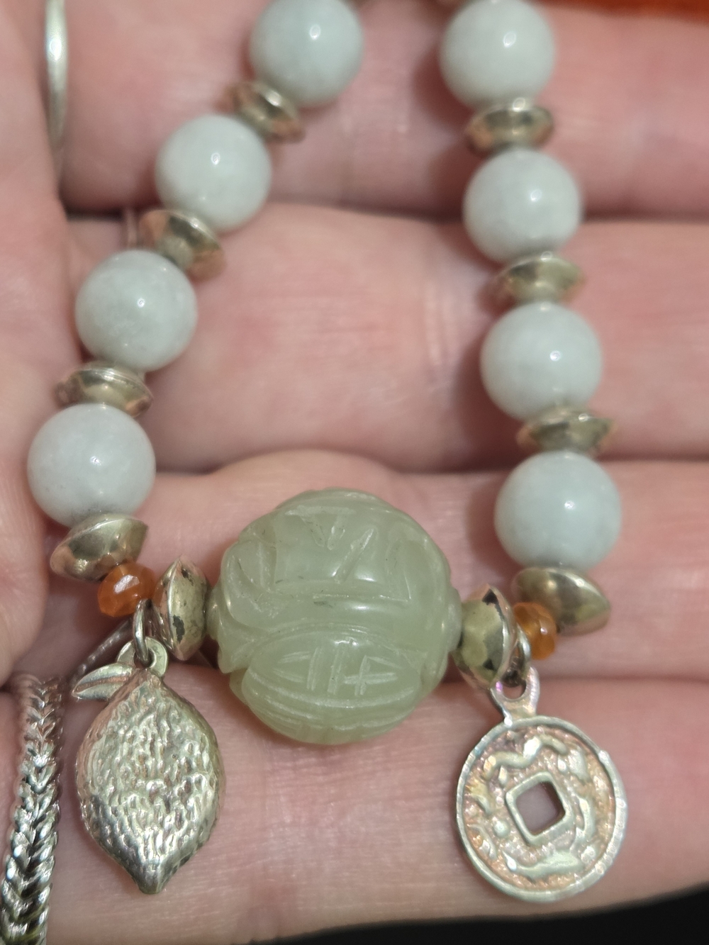 925Genuine Green Jade Bead Bracelet Sterling Silver Charms Korea